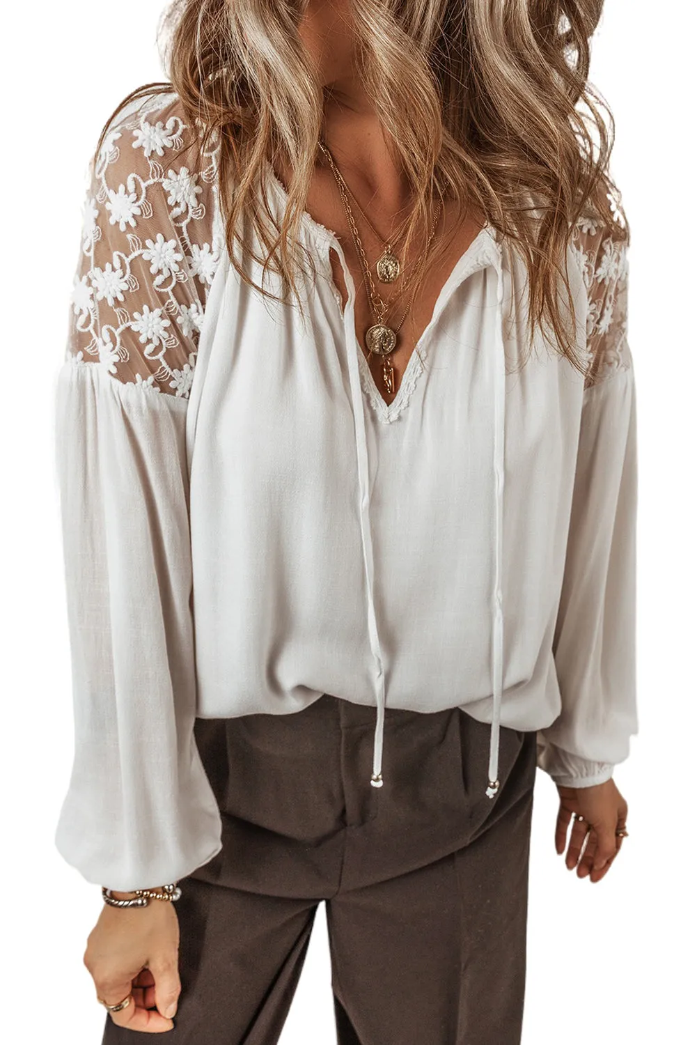 KaleaBoutique Floral Lace Patchwork Puff Sleeve Tied V Neck Blouse