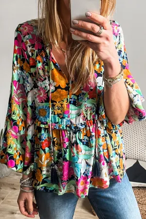 KaleaBoutique Floral Print Bubble Sleeve V Neck Ruffled Blouse