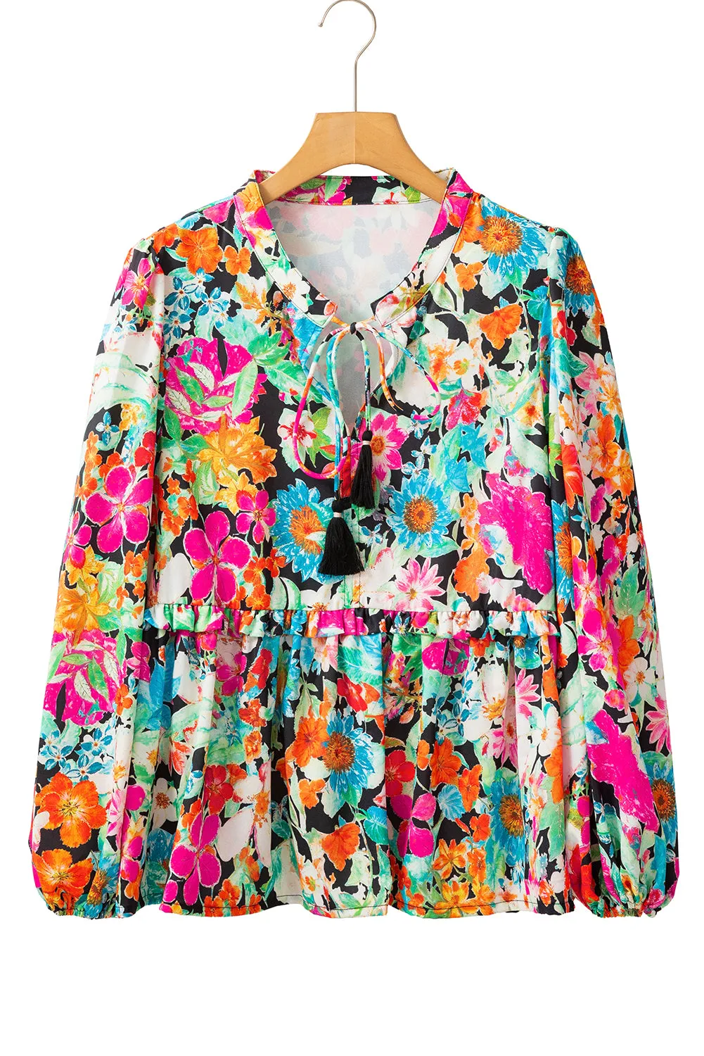 KaleaBoutique Floral Print Bubble Sleeve V Neck Ruffled Blouse