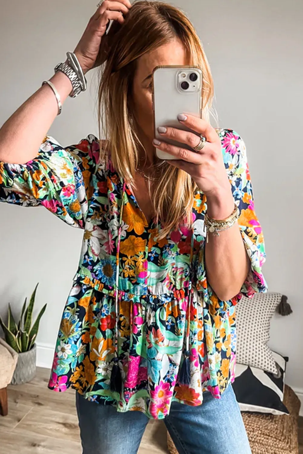 KaleaBoutique Floral Print Bubble Sleeve V Neck Ruffled Blouse