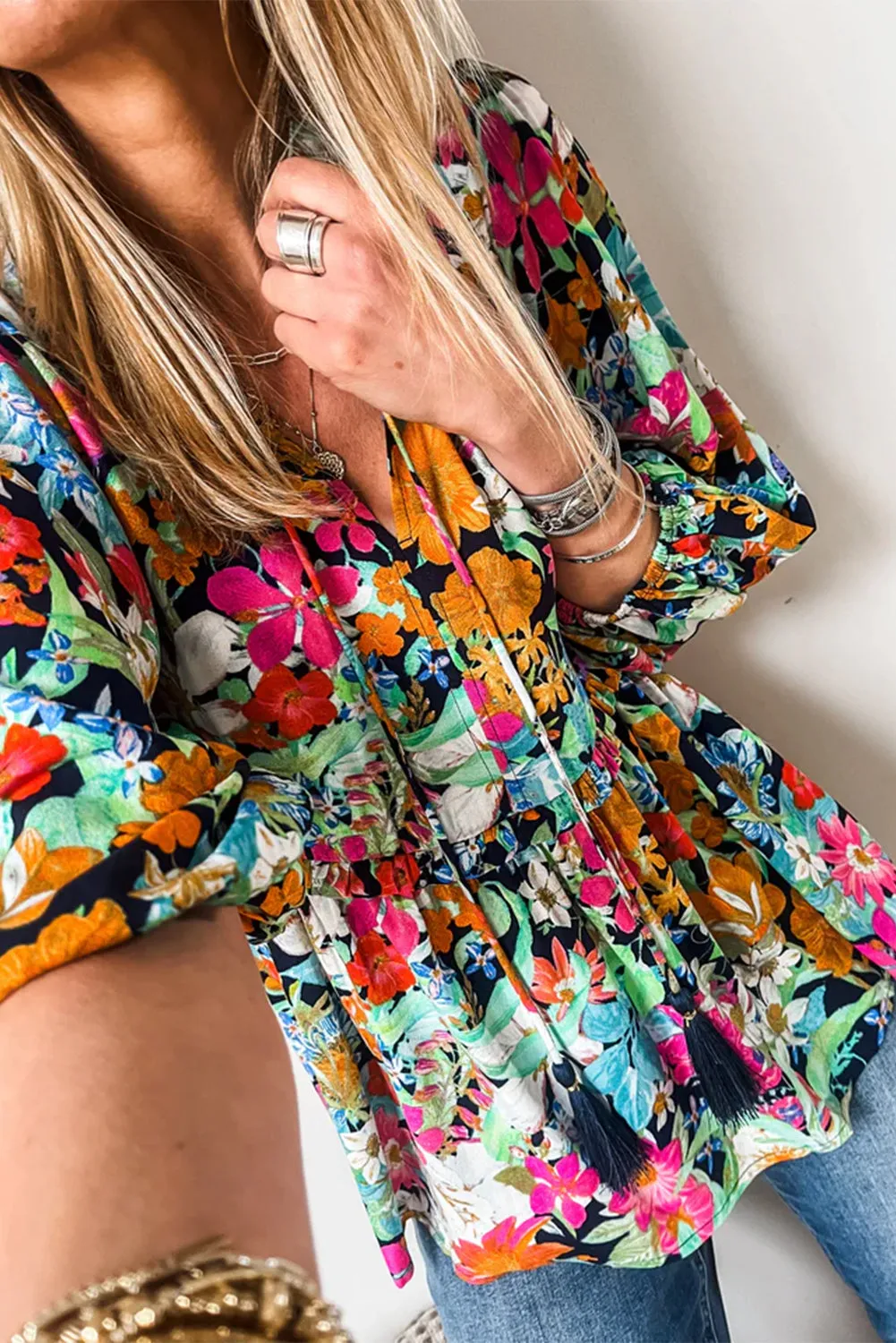 KaleaBoutique Floral Print Bubble Sleeve V Neck Ruffled Blouse
