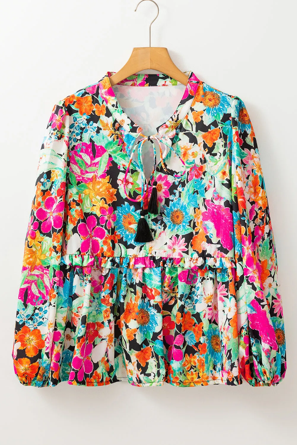 KaleaBoutique Floral Print Bubble Sleeve V Neck Ruffled Blouse