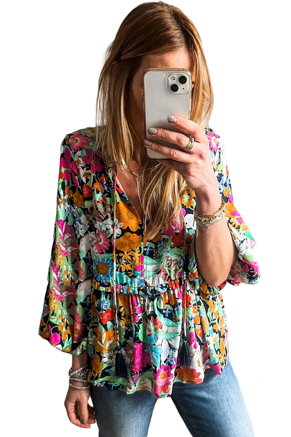 KaleaBoutique Floral Print Bubble Sleeve V Neck Ruffled Blouse