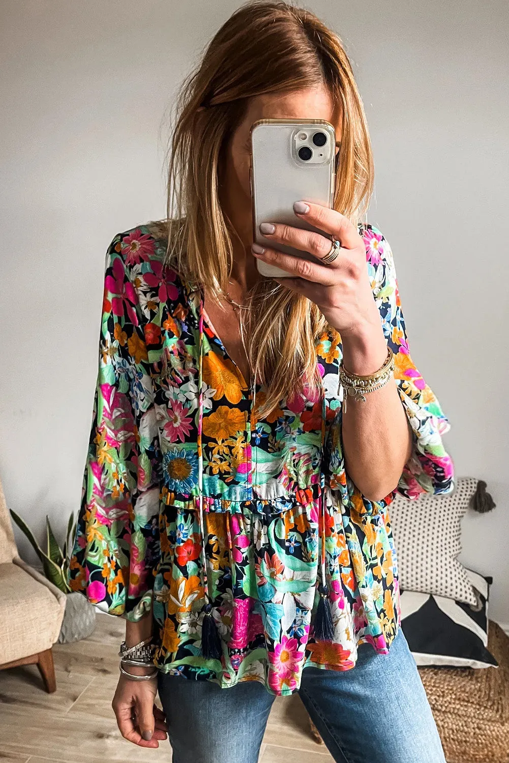 KaleaBoutique Floral Print Bubble Sleeve V Neck Ruffled Blouse
