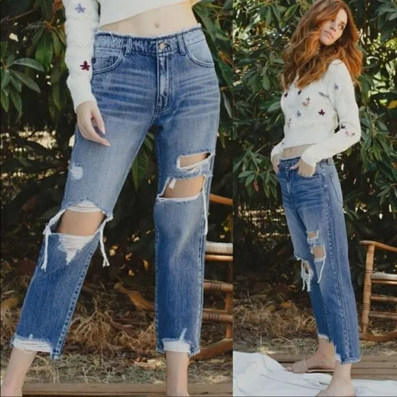Kancan Distressed High Rise Straight Leg Jeans
