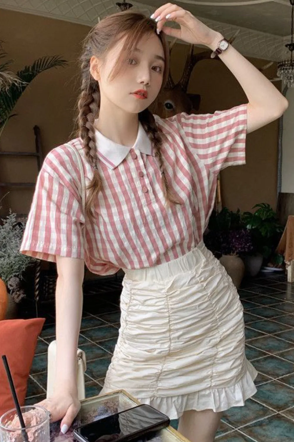 Kawaii Cute Pink Plaid Shirt