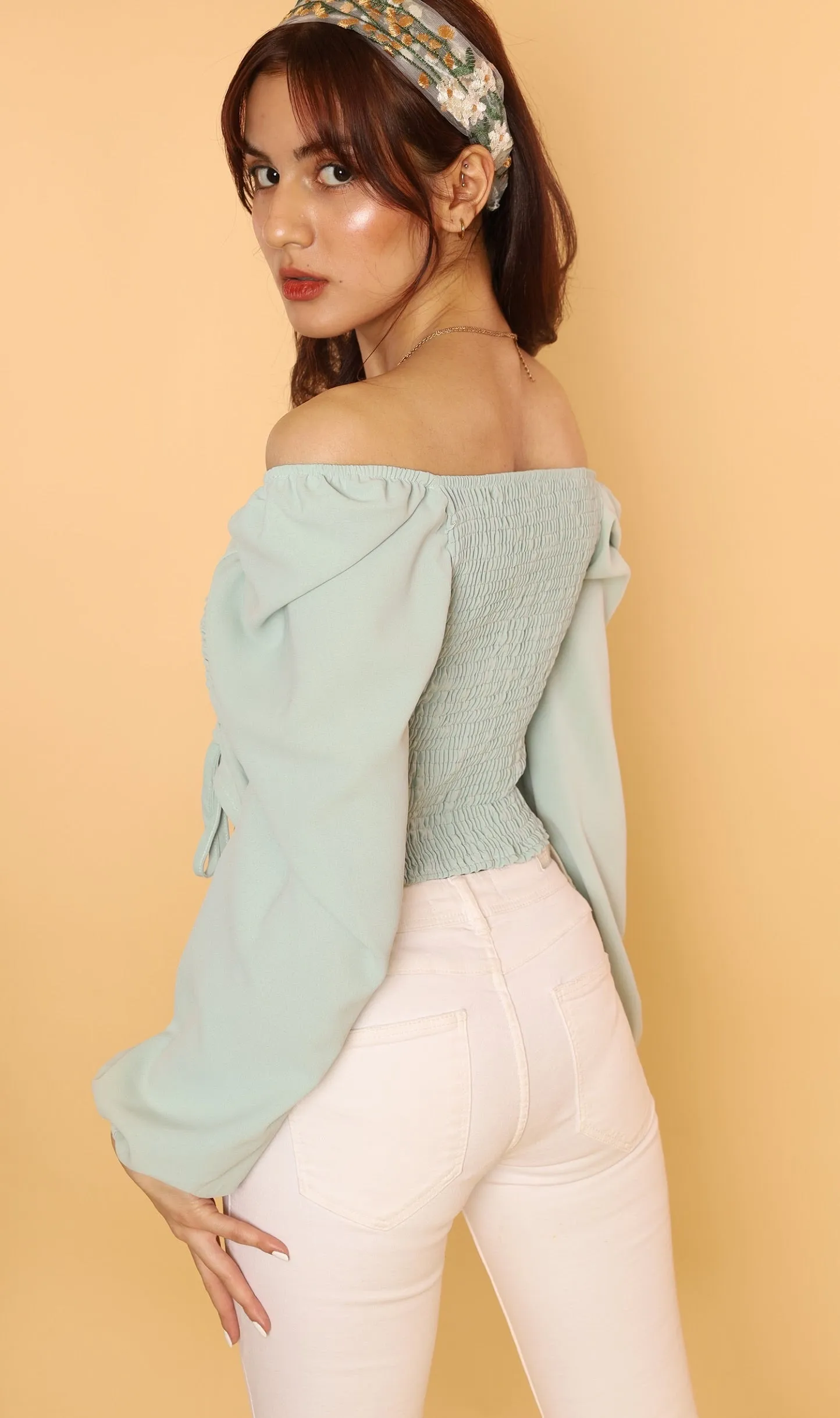 KIRA Ruched Off-Shoulder Top (Mint Green)
