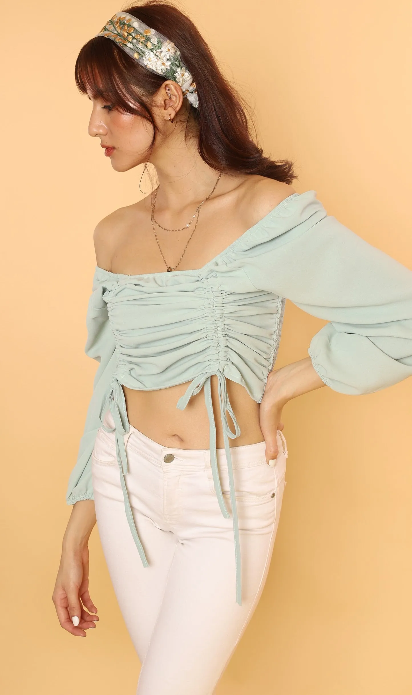 KIRA Ruched Off-Shoulder Top (Mint Green)