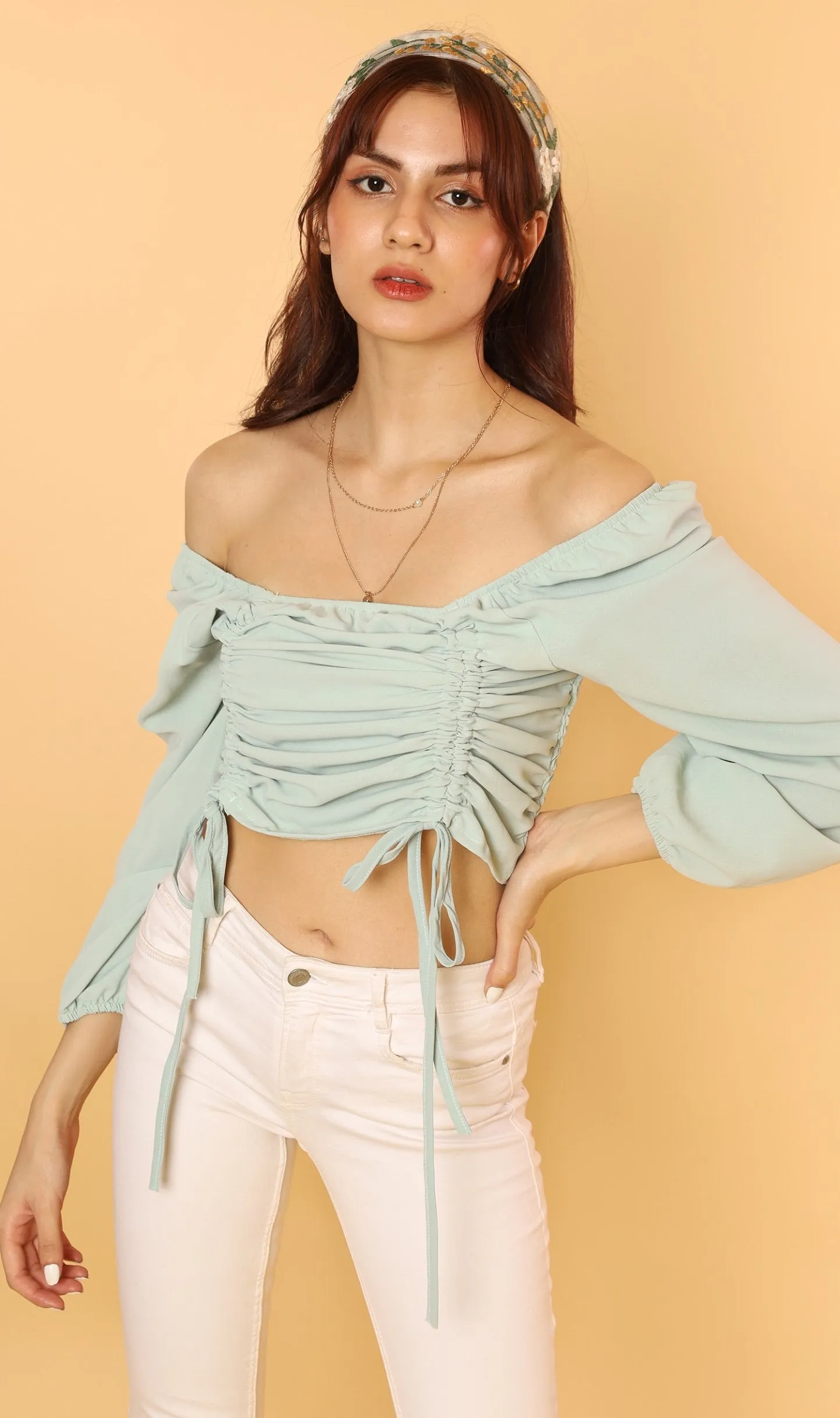 KIRA Ruched Off-Shoulder Top (Mint Green)