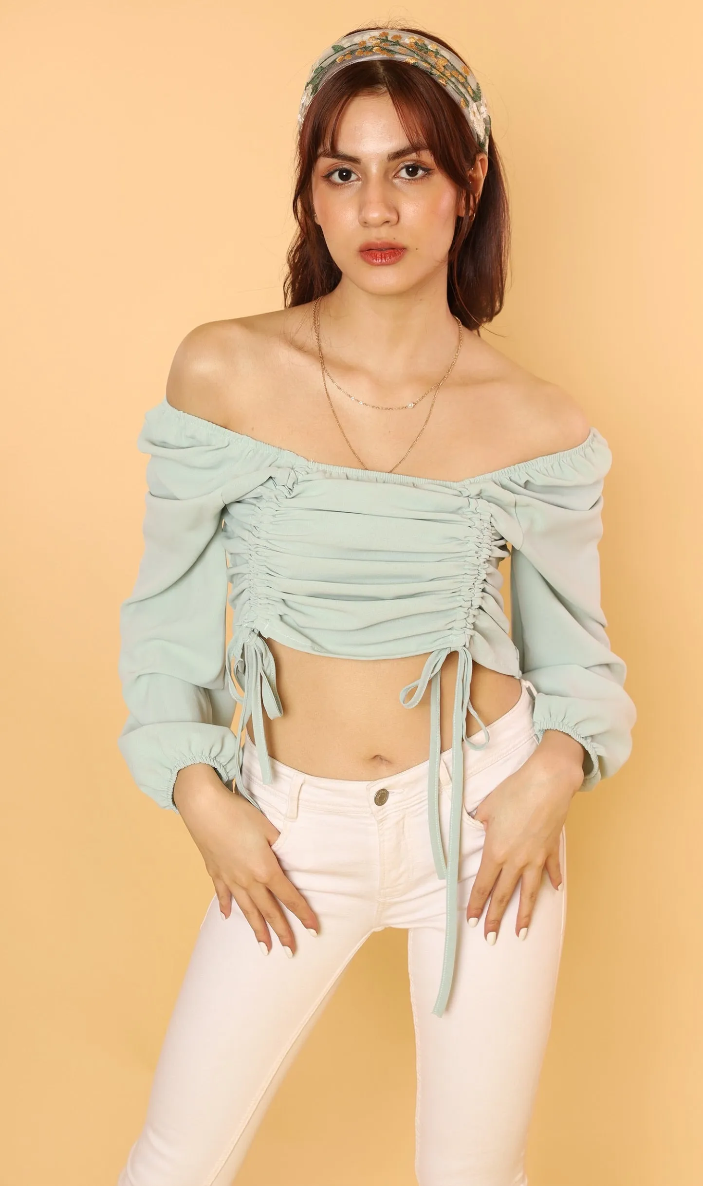 KIRA Ruched Off-Shoulder Top (Mint Green)