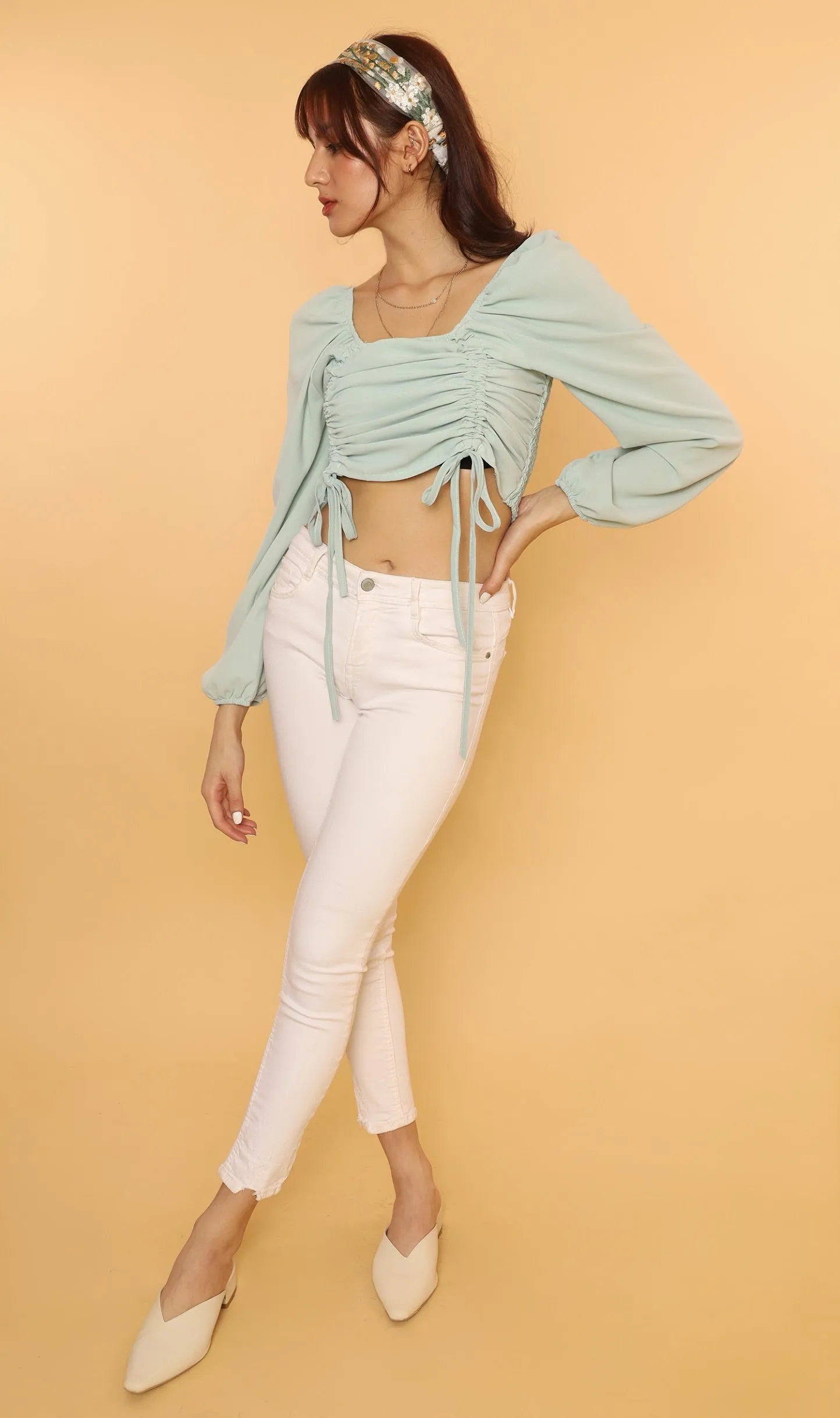 KIRA Ruched Off-Shoulder Top (Mint Green)