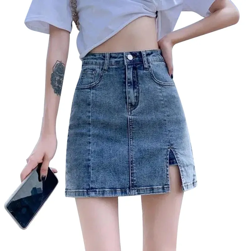 Korean High Wiast Denim Mini Skirt Women Sexy Hot Girl Tight Bag Hip Skirts Female Slim Anti-Glare Short Split Skirts JK Y2K New