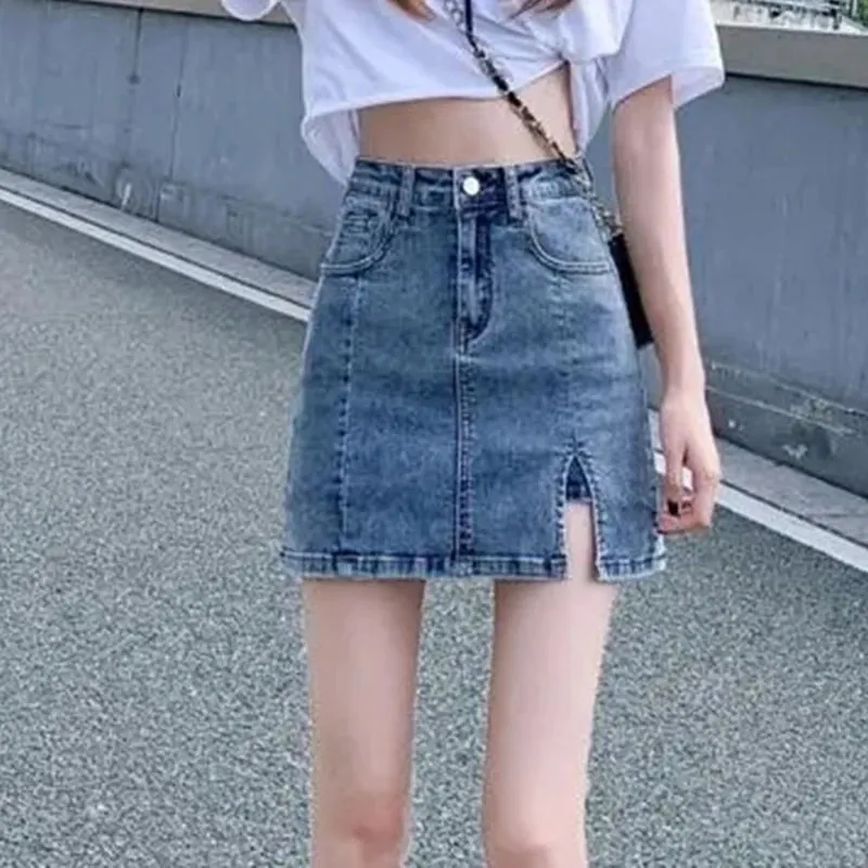 Korean High Wiast Denim Mini Skirt Women Sexy Hot Girl Tight Bag Hip Skirts Female Slim Anti-Glare Short Split Skirts JK Y2K New