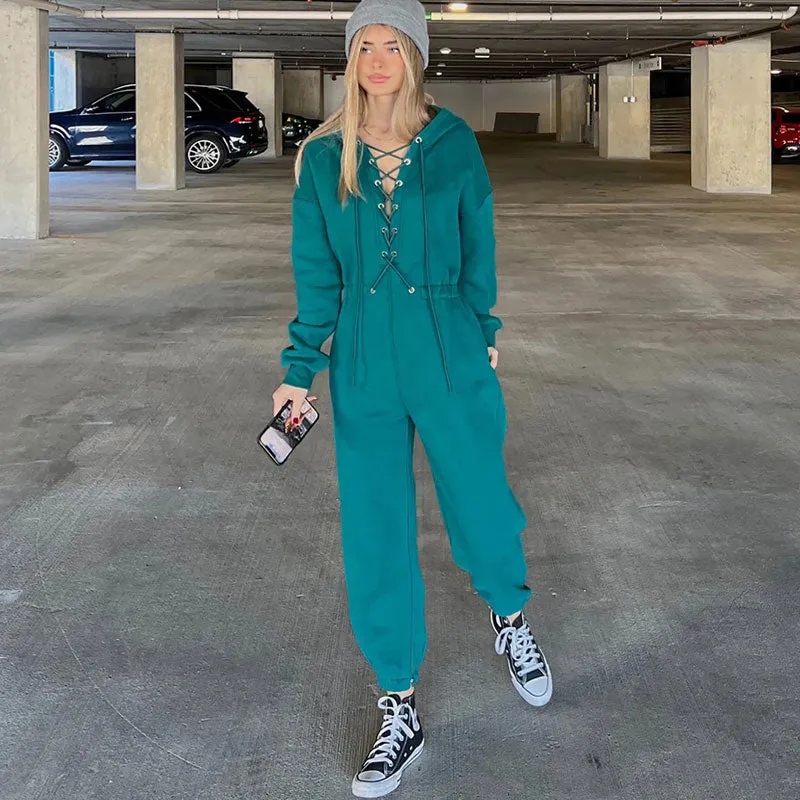 Lace Up Hooded Drop Shoulder Long Sleeve Jumpsuit - Turquoise