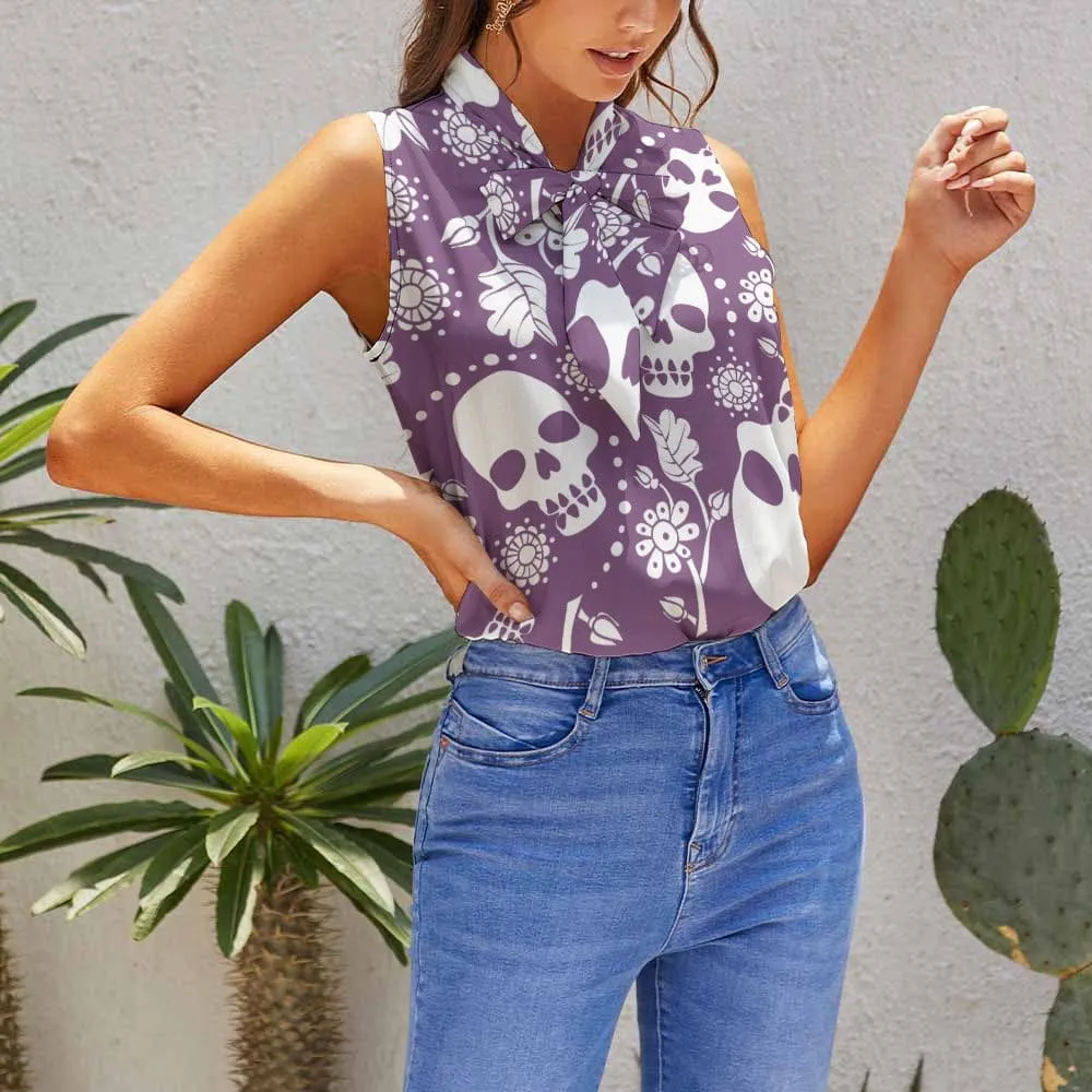 Ladies Purple White Skulls Floral Sleeveless Top