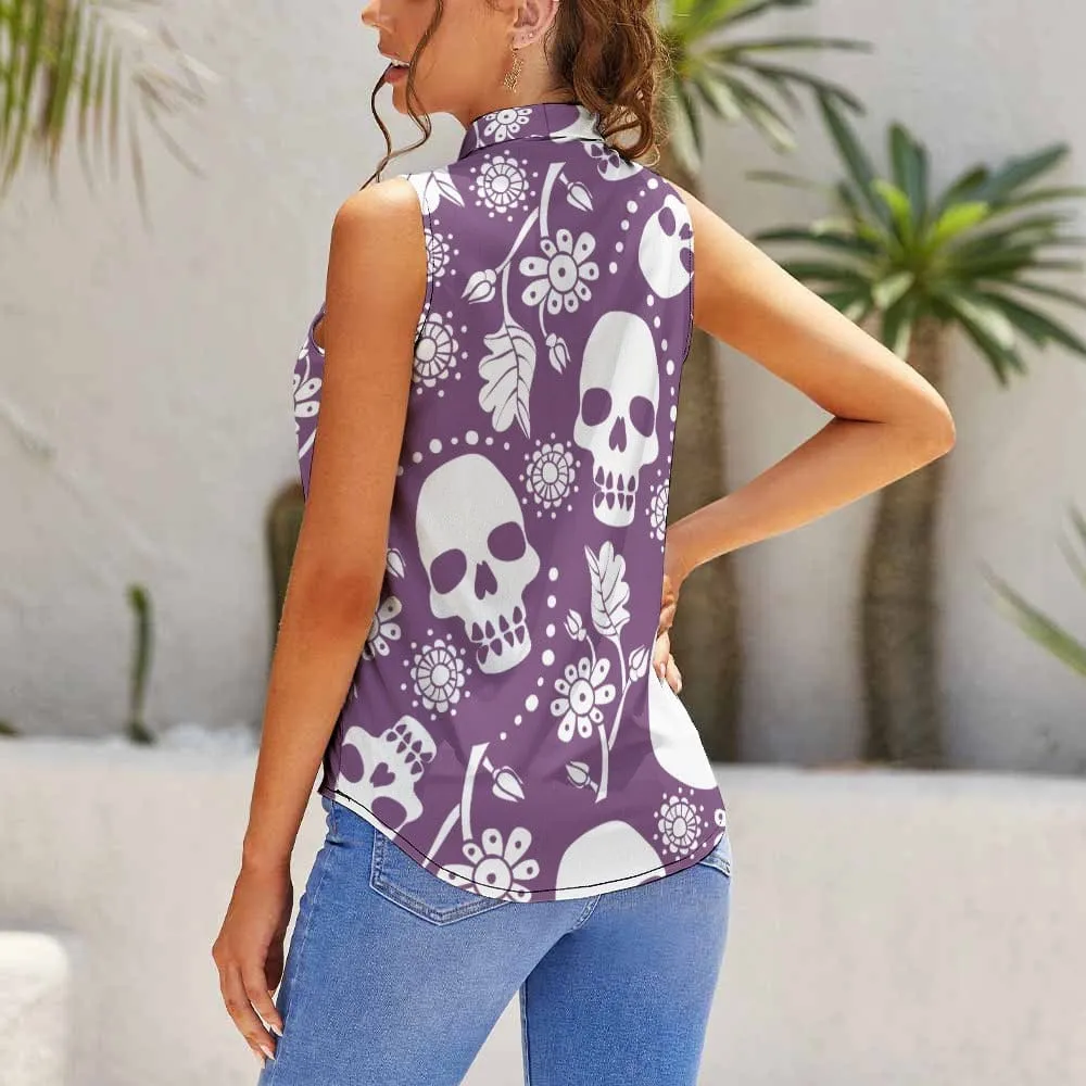 Ladies Purple White Skulls Floral Sleeveless Top