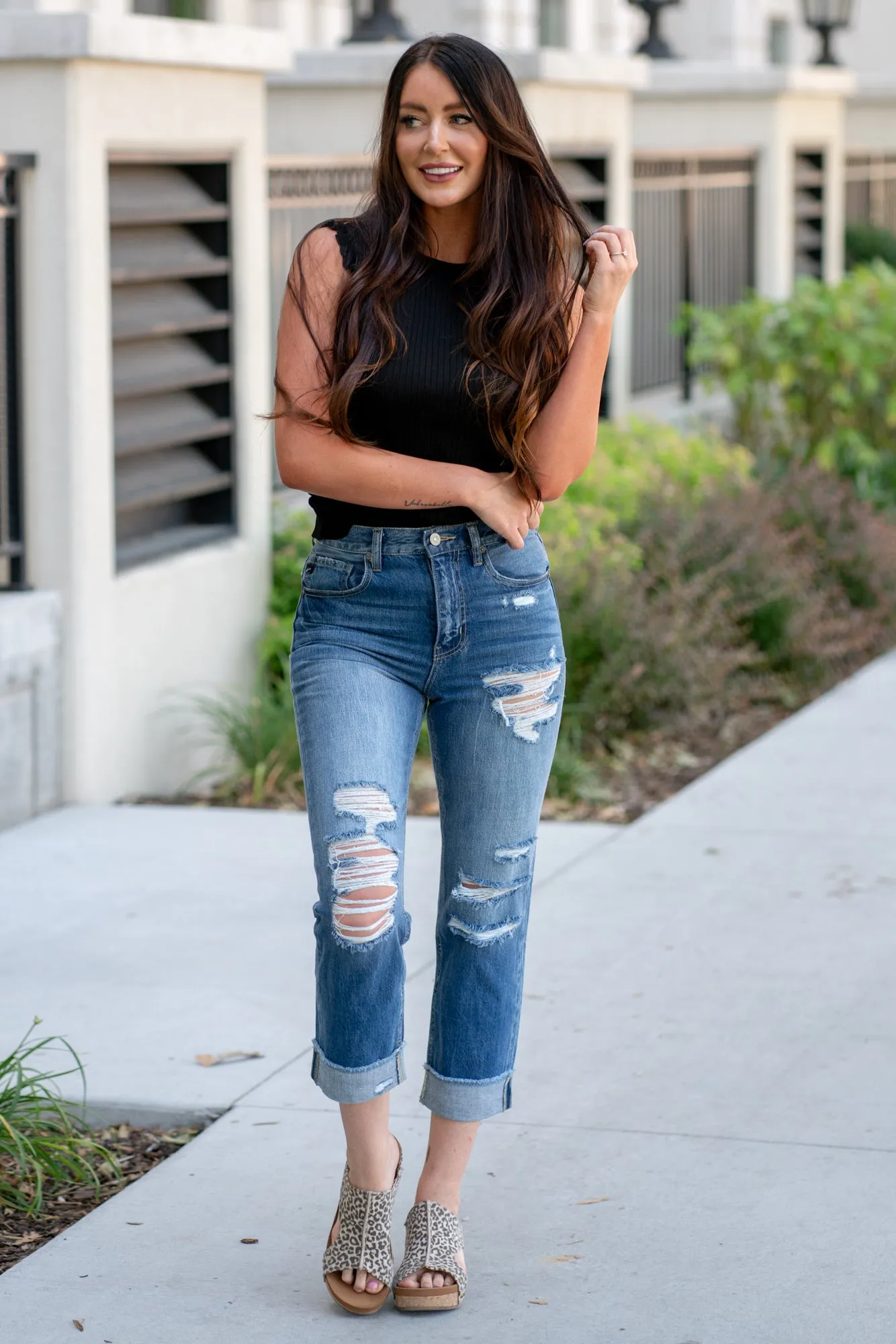 Laredo High Rise Distressed Cuffed Straight