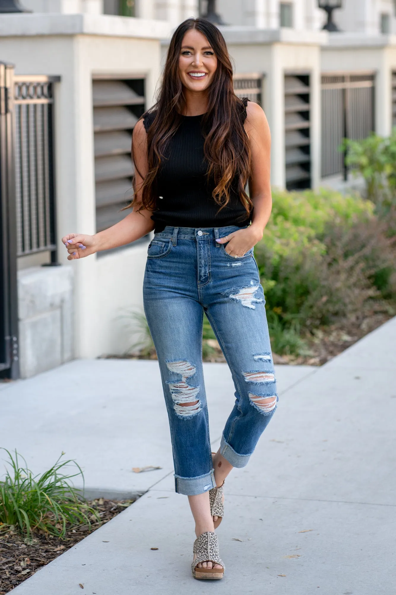 Laredo High Rise Distressed Cuffed Straight