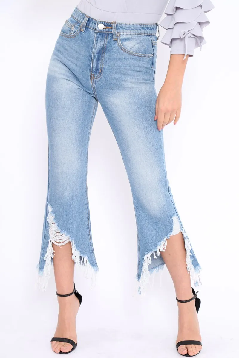 Light Wash Wide Leg Extreme Fray Hem Jeans - Abela