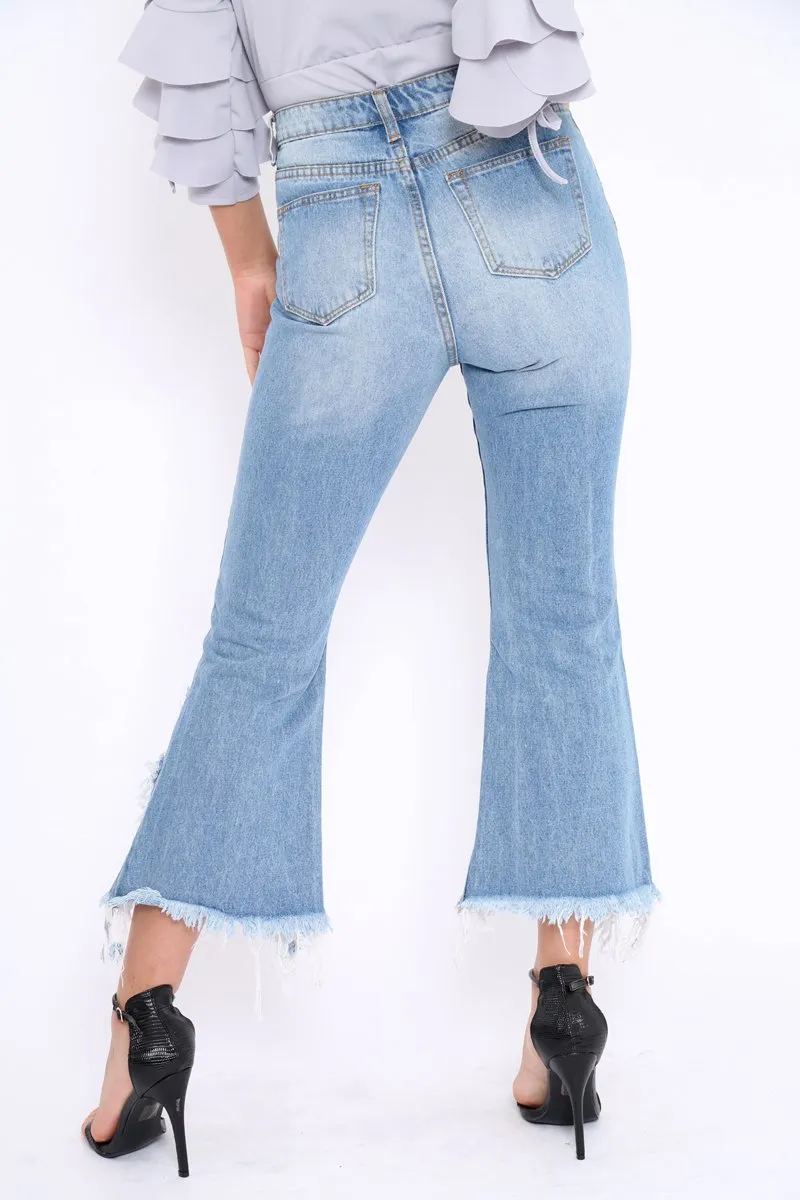 Light Wash Wide Leg Extreme Fray Hem Jeans - Abela