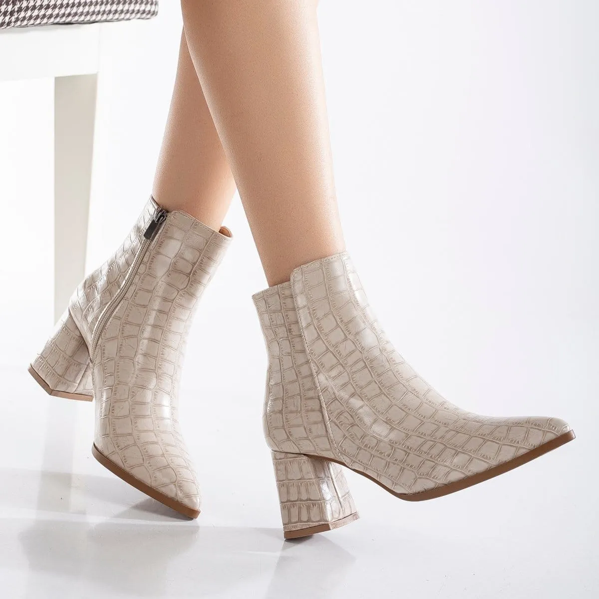 Lilith Vegan Crocodile Ankle Boots | Beige