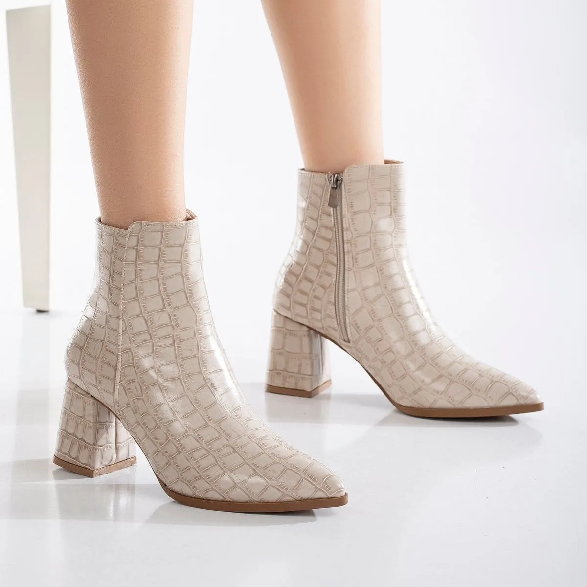 Lilith Vegan Crocodile Ankle Boots | Beige