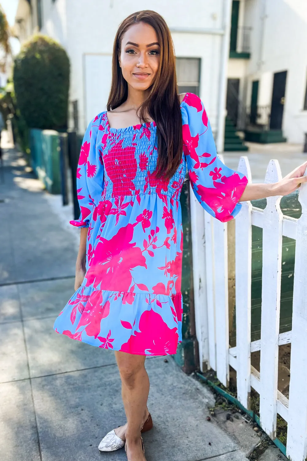 Lock Eyes Blue Big Floral Print Smocked Bubble Sleeve Dress