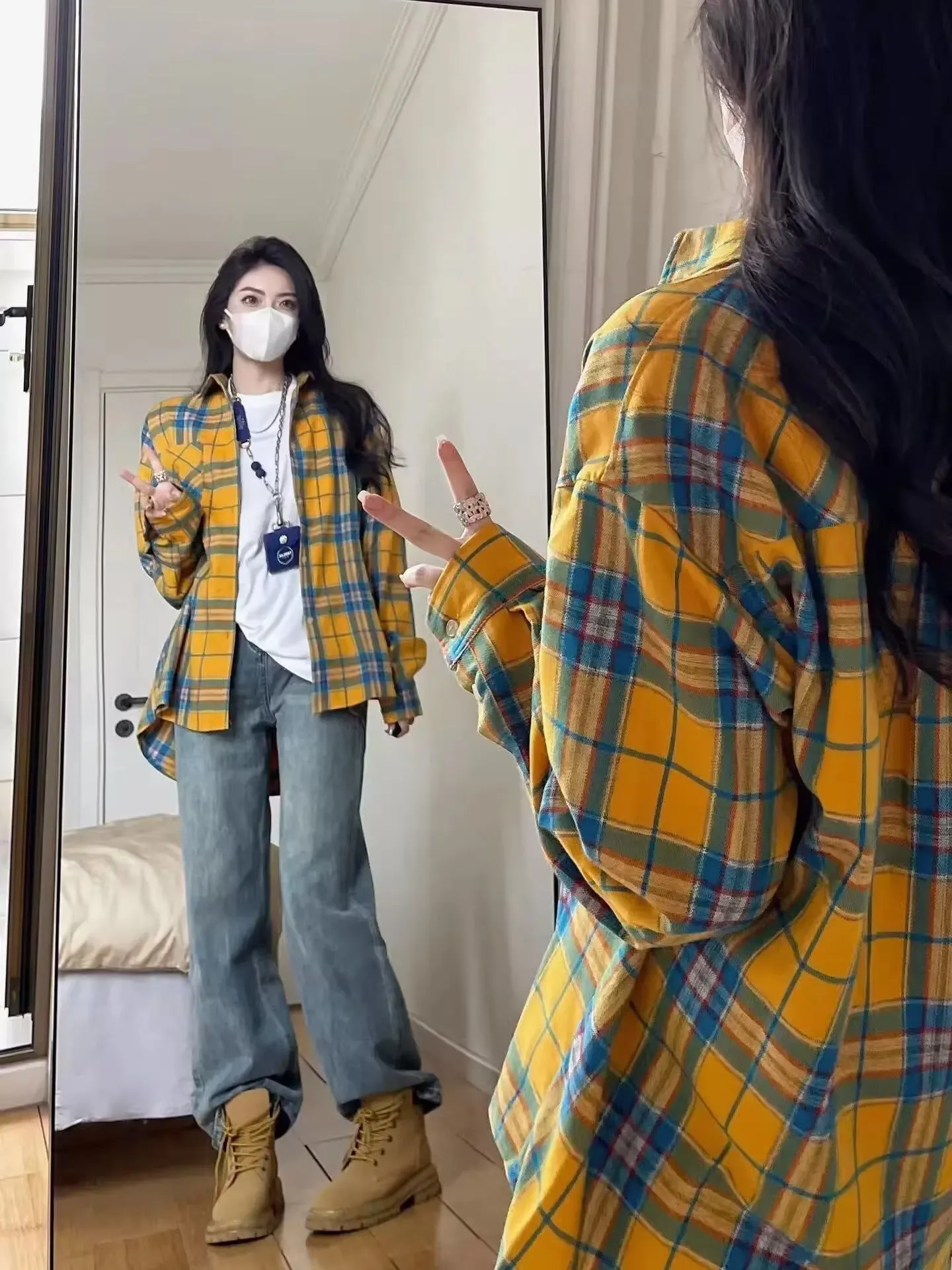 Long Sleeve Blue Yellow Plaid Colors Blouse Shirt