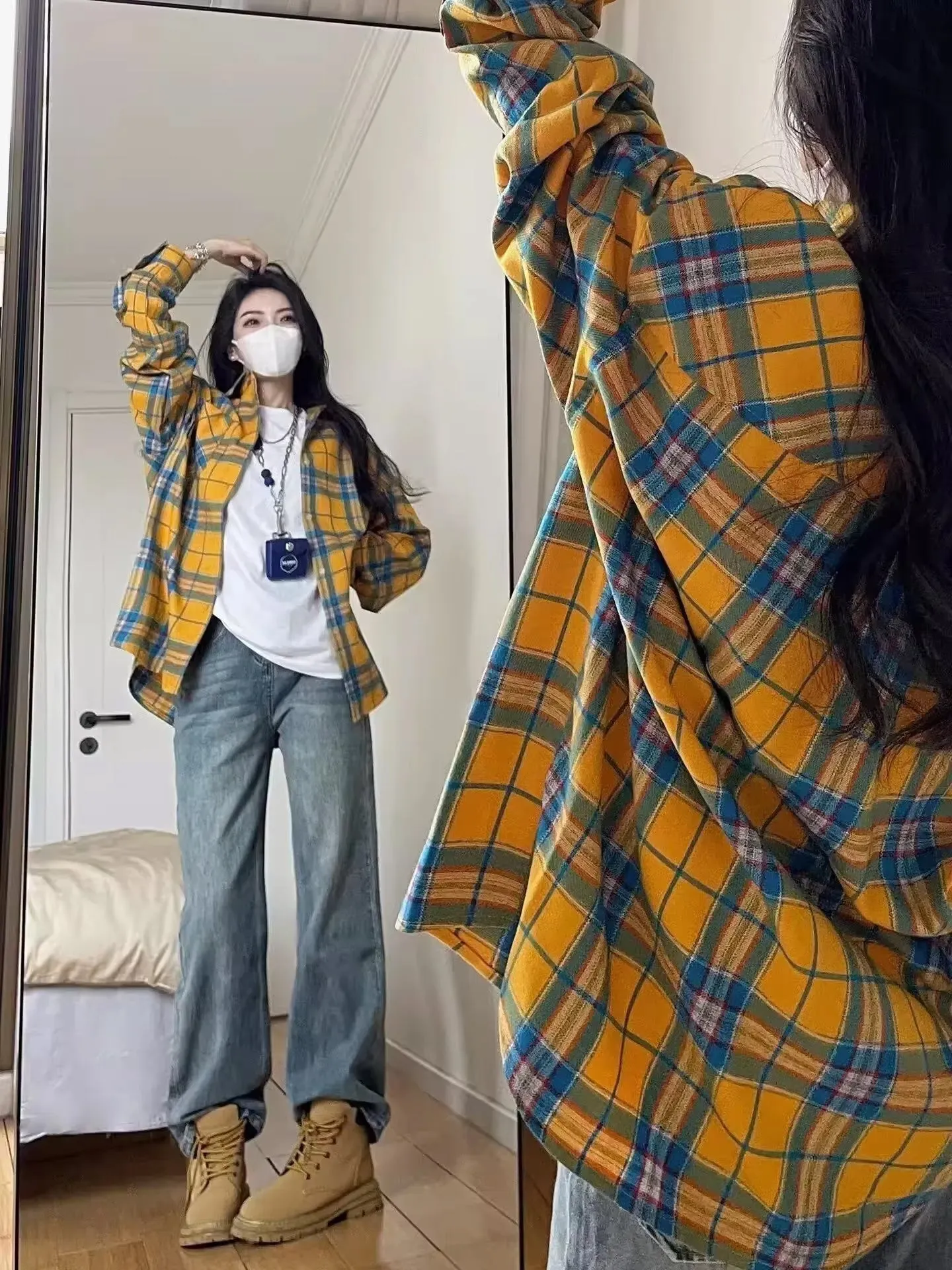 Long Sleeve Blue Yellow Plaid Colors Blouse Shirt