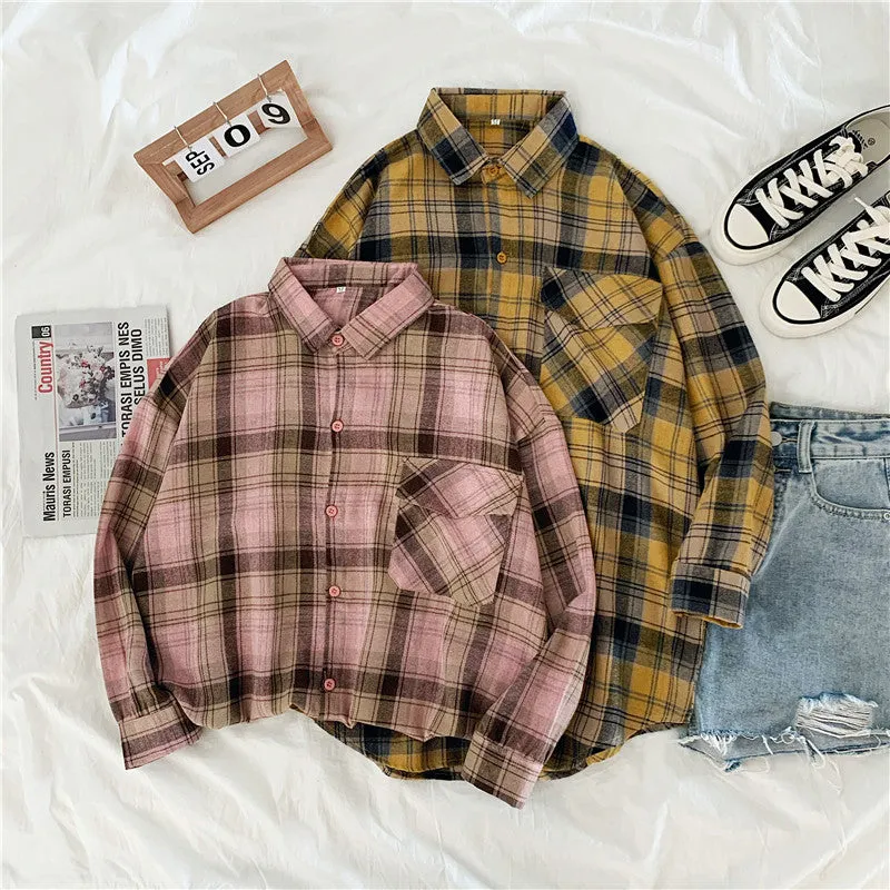Long Sleeve Cute Plaid Colors Blouse Shirt