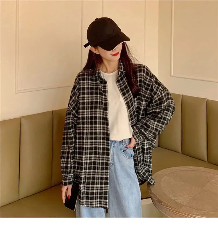 Long Sleeve Cute Plaid Loose Shirt