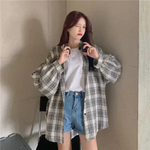 Long Sleeve Cute Plaid Loose Shirt
