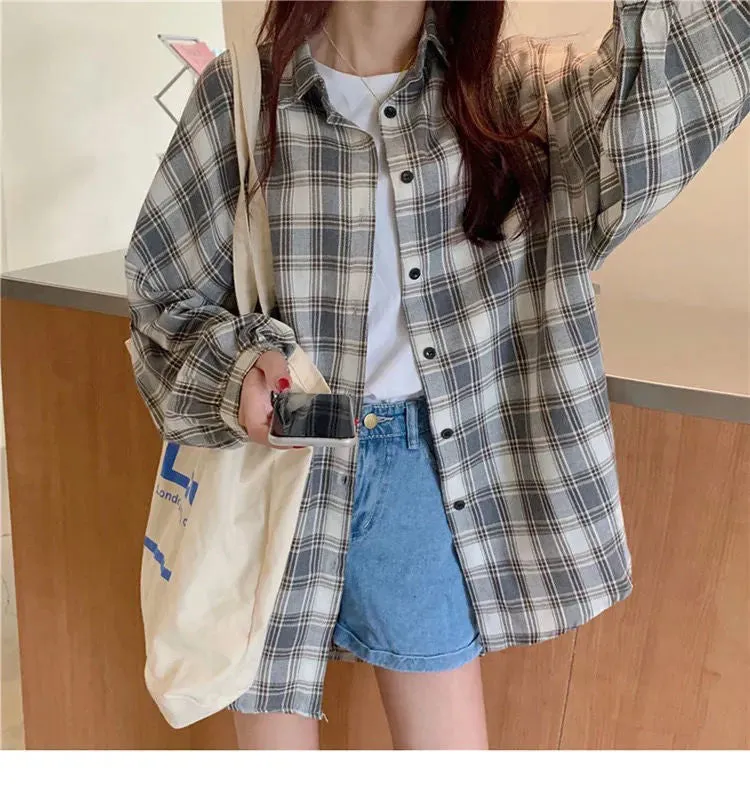 Long Sleeve Cute Plaid Loose Shirt