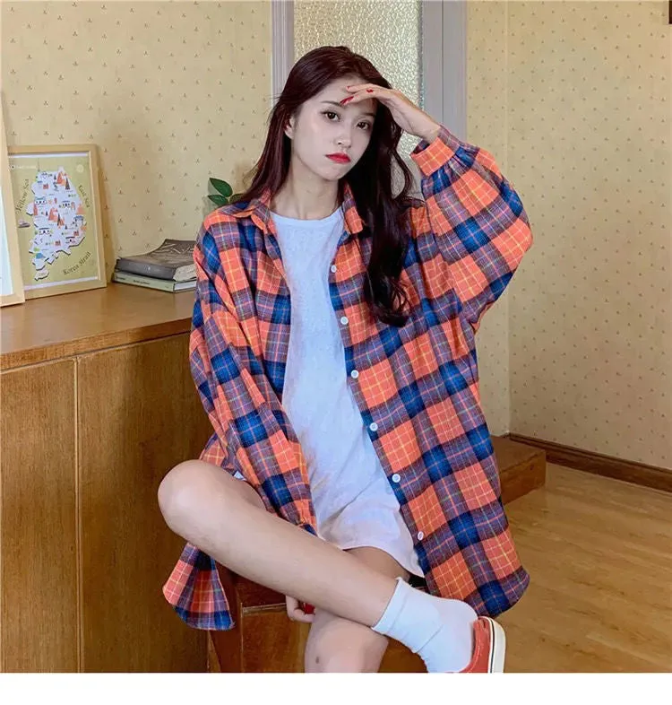 Long Sleeve Cute Plaid Loose Shirt