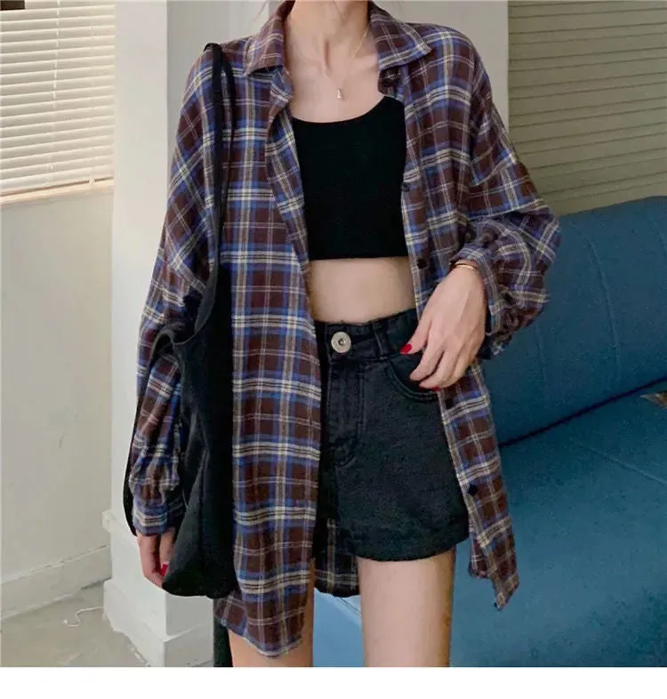 Long Sleeve Cute Plaid Loose Shirt
