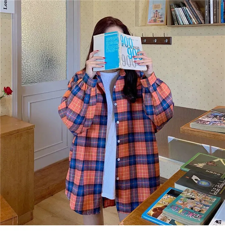 Long Sleeve Cute Plaid Loose Shirt