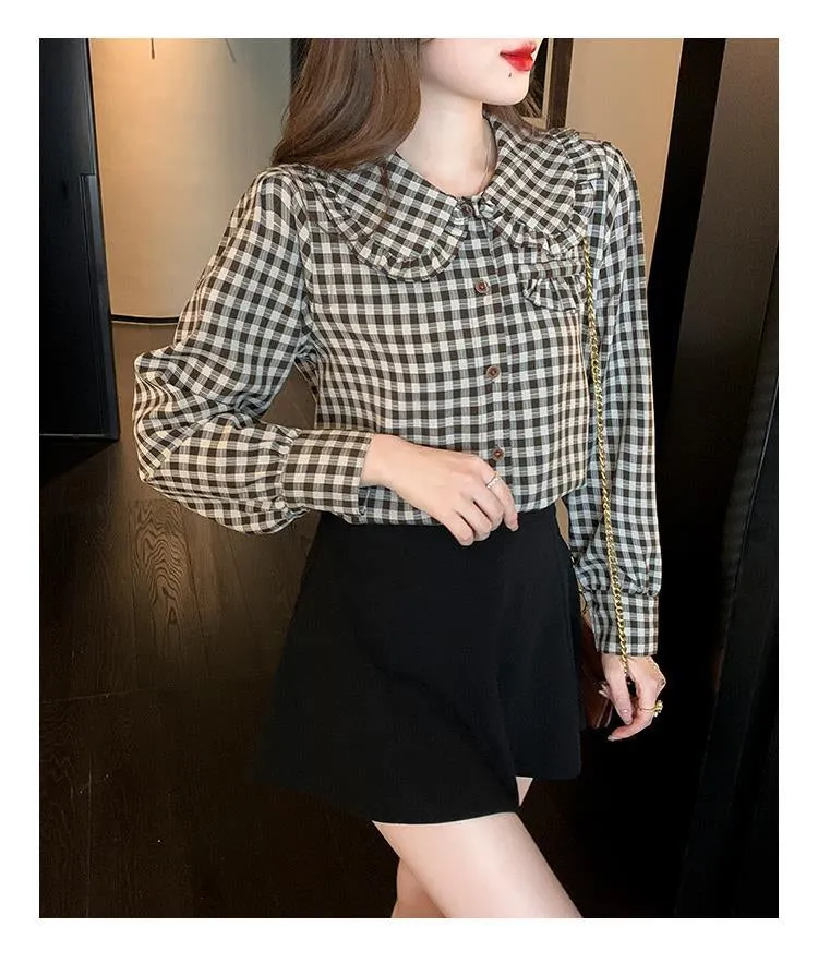 Long Sleeve Peter Pan Collar Elegant Plaid Shirt