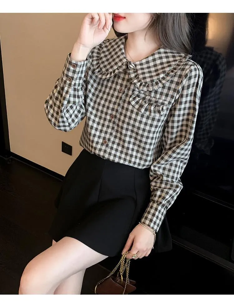 Long Sleeve Peter Pan Collar Elegant Plaid Shirt