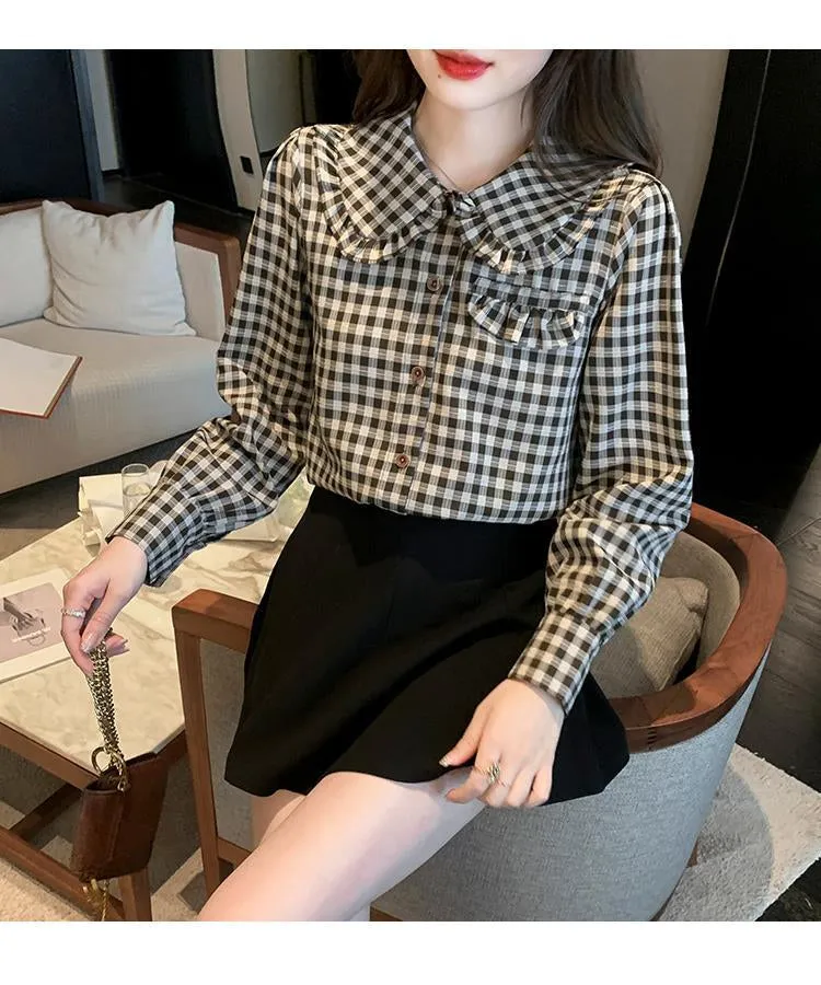 Long Sleeve Peter Pan Collar Elegant Plaid Shirt