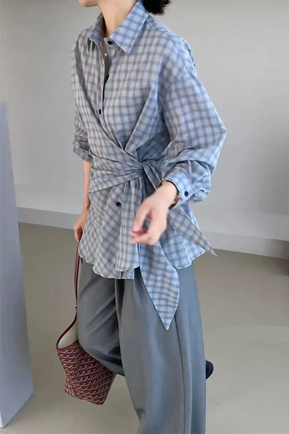 Long Sleeve Retro Belted Plaid Blouse Shirt