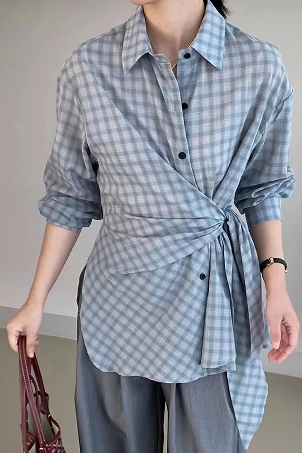 Long Sleeve Retro Belted Plaid Blouse Shirt