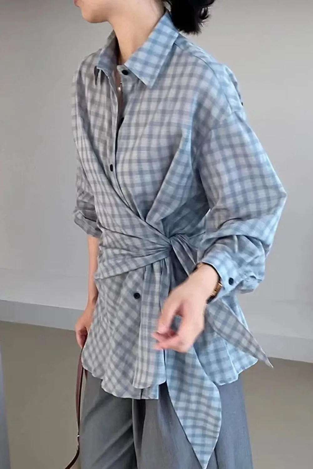 Long Sleeve Retro Belted Plaid Blouse Shirt