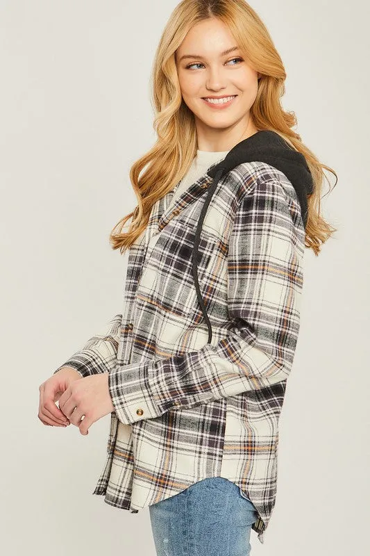 Love Tree Plaid Flannel Button Up Shacket with Hood