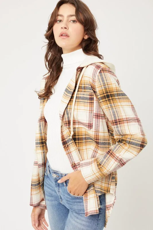 Love Tree Plaid Flannel Button Up Shacket with Hood