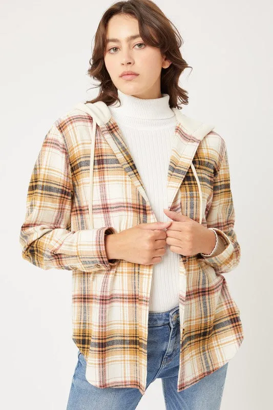 Love Tree Plaid Flannel Button Up Shacket with Hood