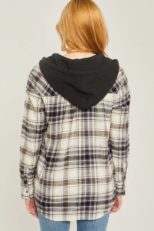Love Tree Plaid Flannel Button Up Shacket with Hood