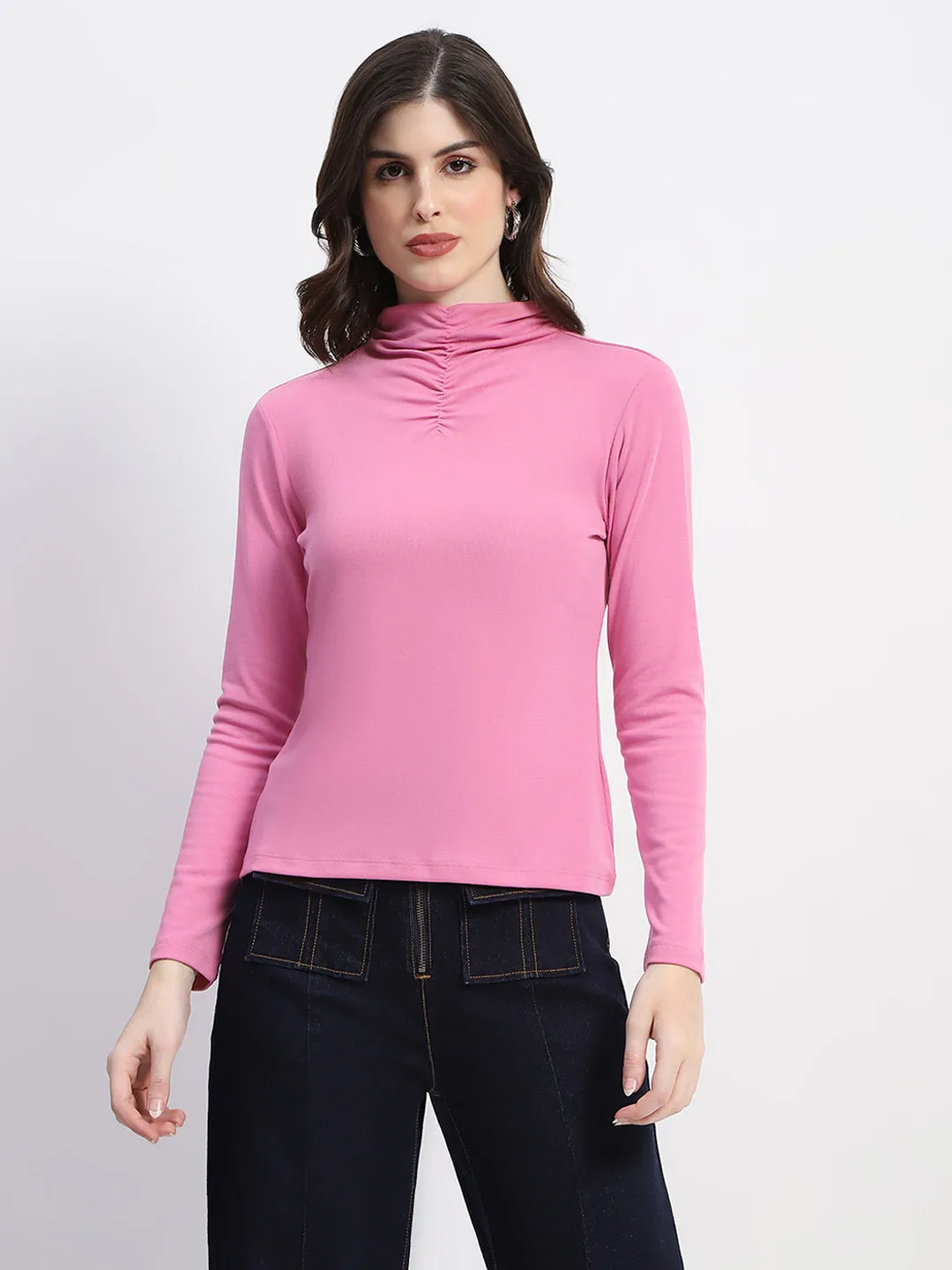 Madame Cotton Ruched Detail Solid Pink Top