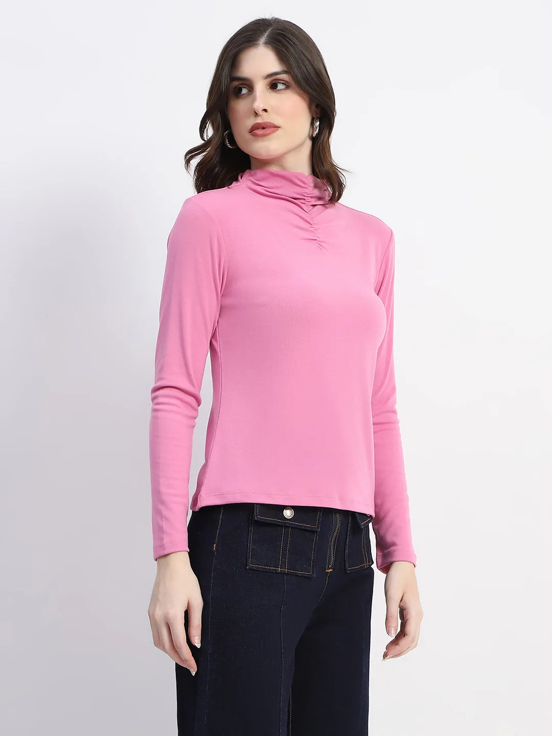 Madame Cotton Ruched Detail Solid Pink Top