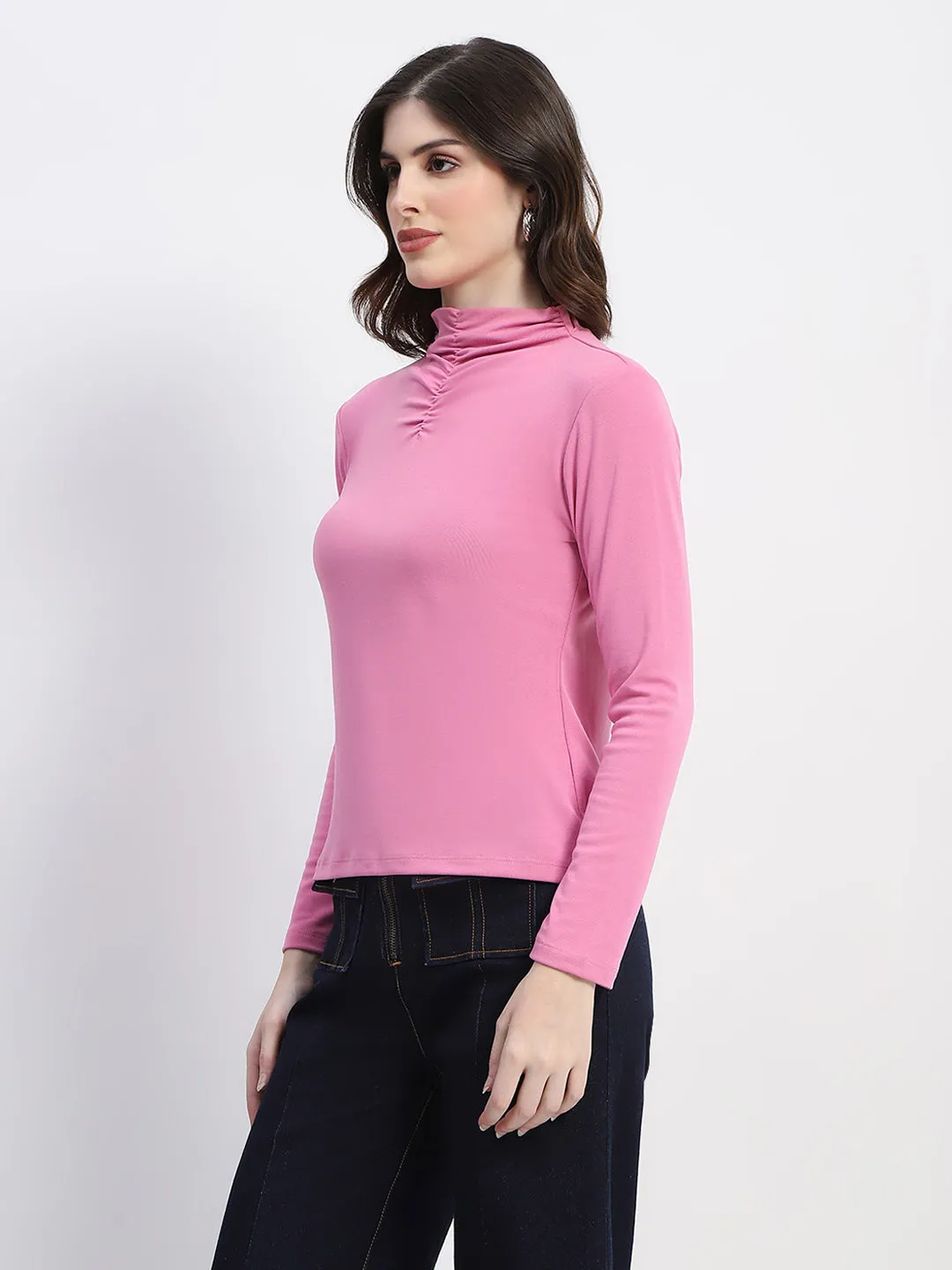 Madame Cotton Ruched Detail Solid Pink Top