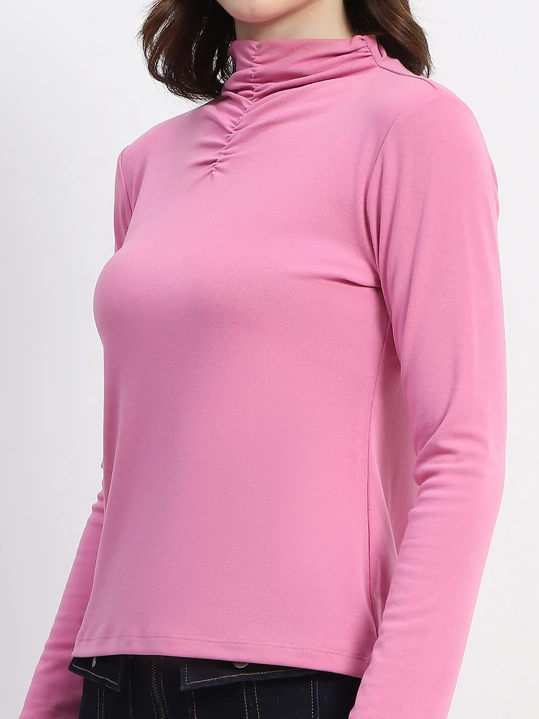 Madame Cotton Ruched Detail Solid Pink Top